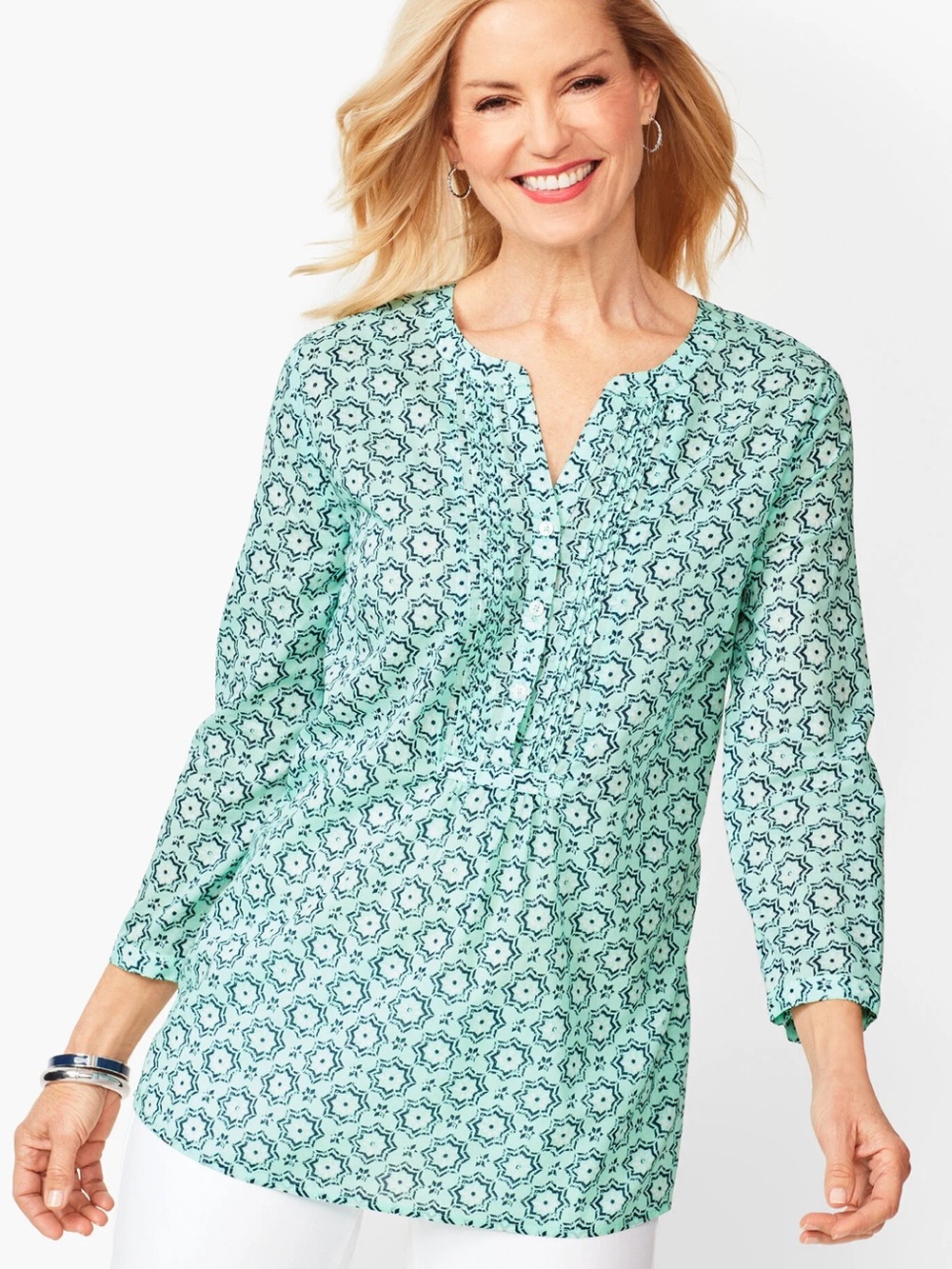 Talbots 100% Cotton Medallion Print Pull Over Tunic Top in Size Large D60